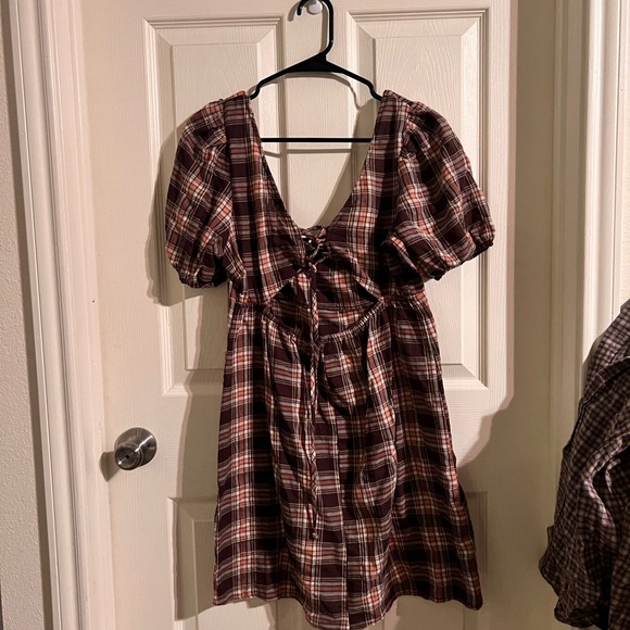 Plaid brown babydoll puff sleeve linen dress - Picture 2 of 2